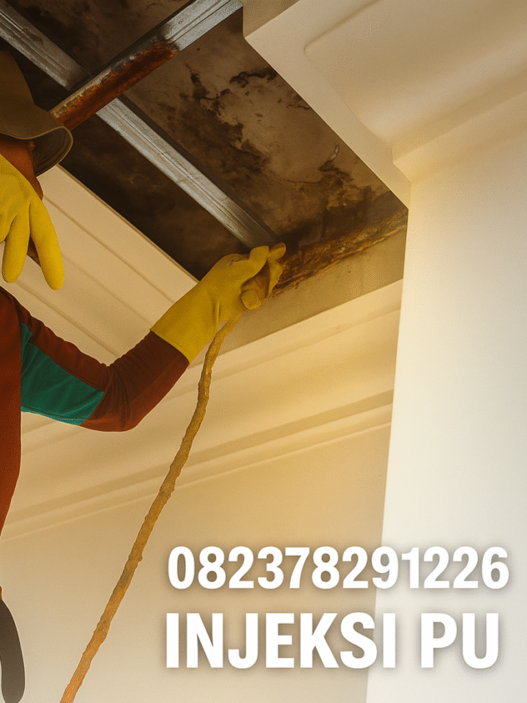 Teknisi Fuujii Waterproofing melakukan injeksi PU pada retakan beton untuk menghentikan kebocoran air