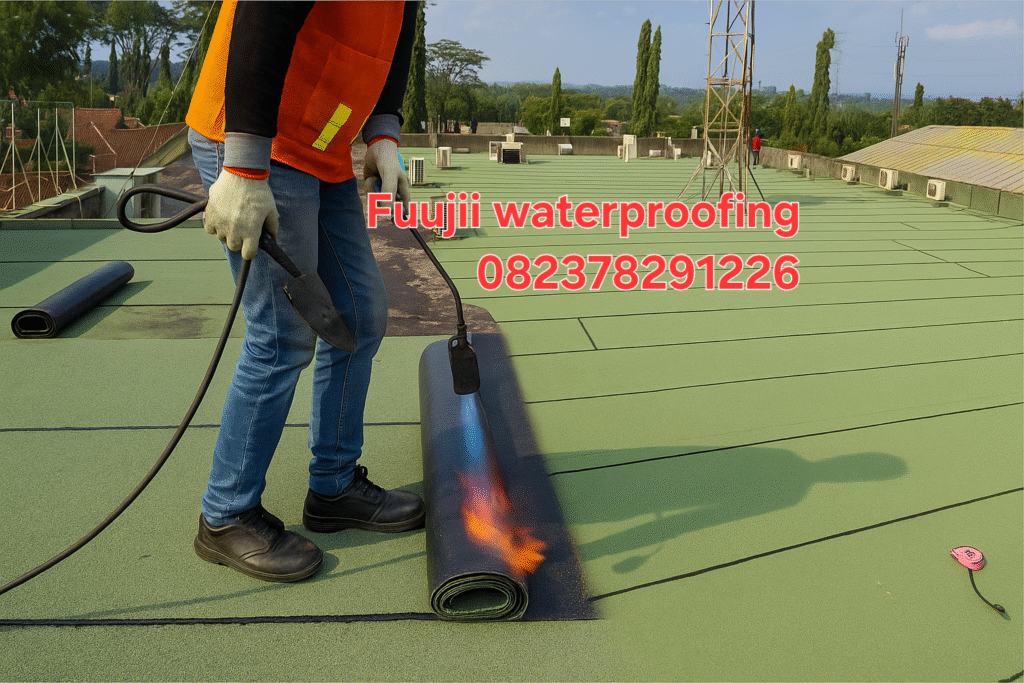 Pemasangan Membran bakar Granule di Cipatat, bandung. Teknisi sedang membakar watetproofing membran