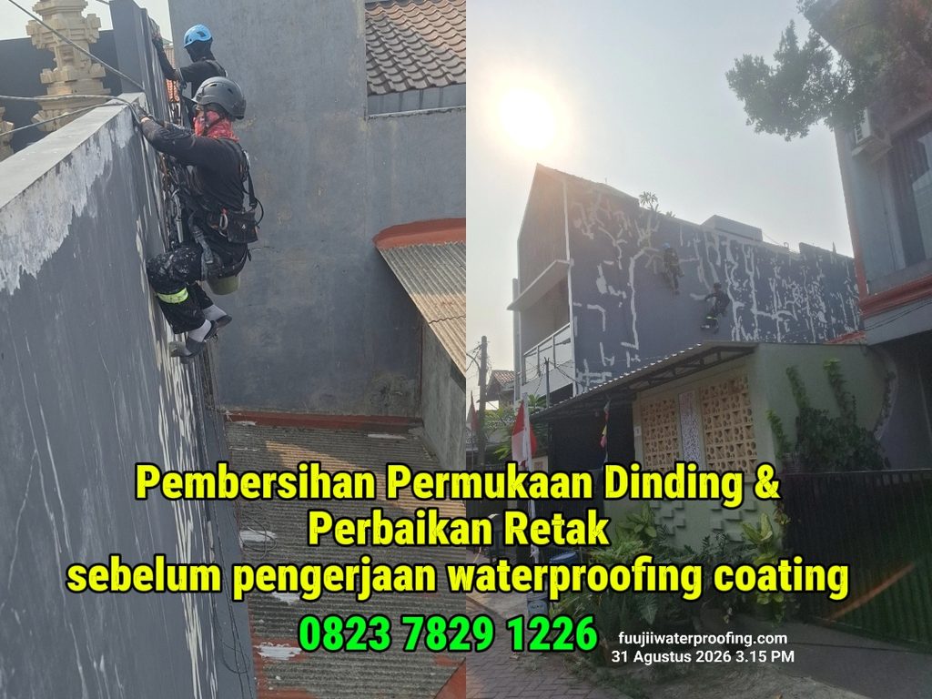 Pengupasan dan perbaikan retak sebelum waterproofing coating dinding