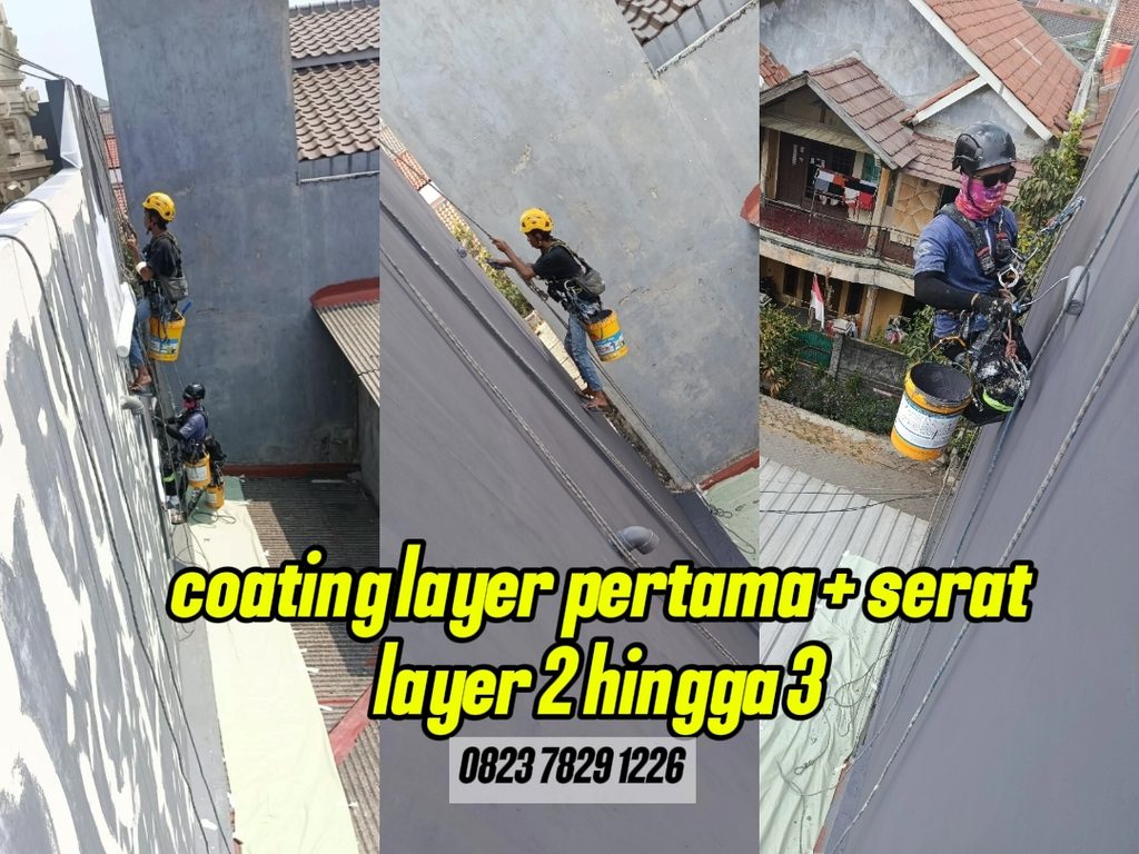 Proses waterproofing coating dinding dan serat, cat pelapis anti bocor hingga 3 layer